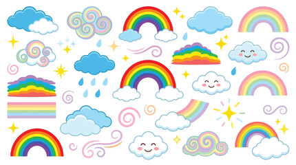 A vibrant collection of colorful rainbows, fluffy clouds, and sparkling stars, perfect for whimsical designs.