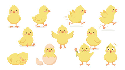 Fototapeta premium A charming collection of adorable yellow chicks in various playful poses and activities, perfect for spring and Easter themes.