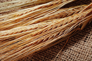 Naklejka premium Wheat stalks arranged on a brown cloth background in a simple display