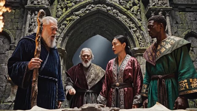 Four medieval characters standing together outside castle.