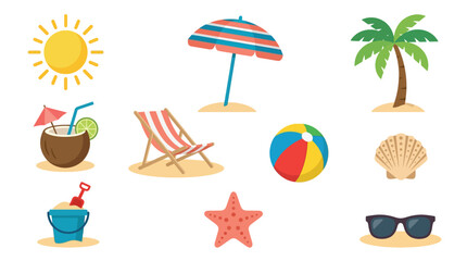A vibrant collection of beach-themed illustrations including a sun, coconut drink, deck chair, beach ball, palm tree, and sand bucket. © tr