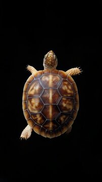 Top view of a tortoise with detailed shell pattern on black background