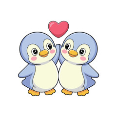 Fototapeta premium Cute penguin couple with heart love valentines greeting romance flat vector illustration set