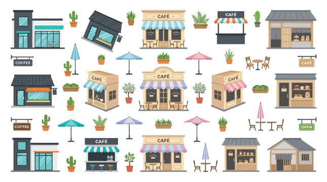 A vibrant collection of diverse small business storefronts and cafes, featuring various architectural styles, awnings, outdoor seating, and potted plants.