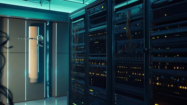 Server room interior with rows of glowing server racks holding hardware, representing advanced technology, big data storage, cloud computing, and internet infrastructure in a secure data center