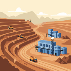 Mining Operation with Trucks and Buildings. © mbak