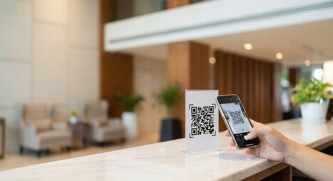 Person Scanning QR Code With Smartphone For Contactless Hotel Check In And Digital Guest Services At Reception Desk