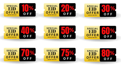 Naklejka premium Premium Eid Special Offer Sale Tickets Set with Gold Gradient and Red Text 10% to 80% Off Discount Vouchers for Shopping