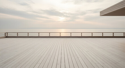Serene wooden deck overlooking a tranquil ocean at sunrise with soft clouds and gentle sunlight reflecting on the water's surface