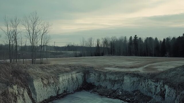 Submersion concept showing an abandoned quarry pit with a frozen pond at its base, surrounded by dormant vegetation and a distant forest under a bleak sky