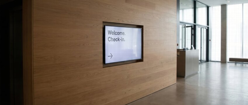 Digital Signage On Wood Wall Displaying Welcome And Check In Information In A Modern Hotel Lobby
