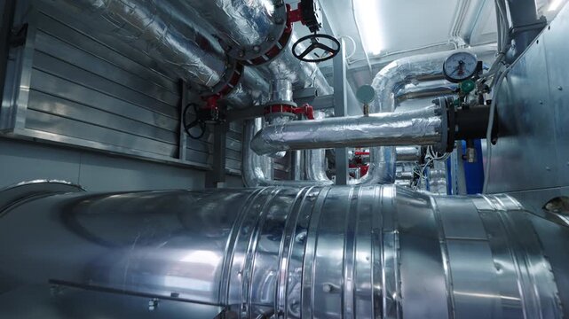 Individual heating unit located in modular container connects ventilation and hot water systems. Modular design simplifies maintenance