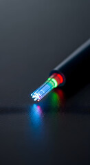 Close up of a fiber optic cable end with glowing multicolored lights representing data transmission and digital communication technology