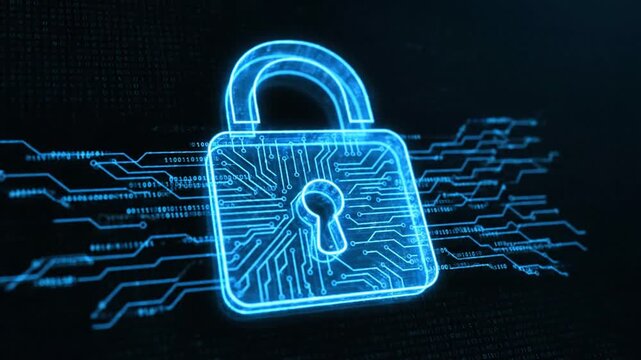 Digital security lock glowing blue on dark background with circuit lines