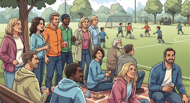 Diverse group of people watching a soccer match in a park on a sunny day.