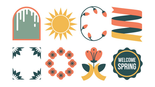 Welcome spring icons collection, sunshine and ribbons, floral wreaths, festival poster elements, seasonal fair signage, vernal equinox celebration graphics