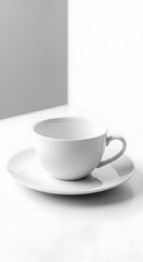 Fototapeta premium Minimalist white ceramic teacup and saucer set elegantly displayed on a clean white surface with subtle grey background elements