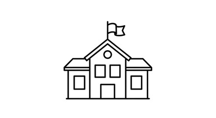 Fototapeta premium Simple line illustration of a school building with a flag on top viewed from the front