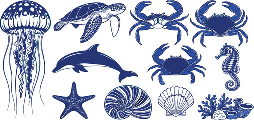 Blue Marine Animals and Sea Life Vector Set with Jellyfish Turtle Crab Dolphin Seahorse and Shells © Selim Studio