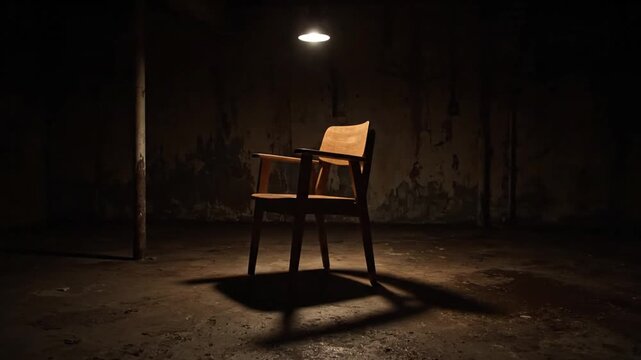 A lone chair stands illuminated under a single spotlight in a dimly lit, grimy room with worn walls and floor