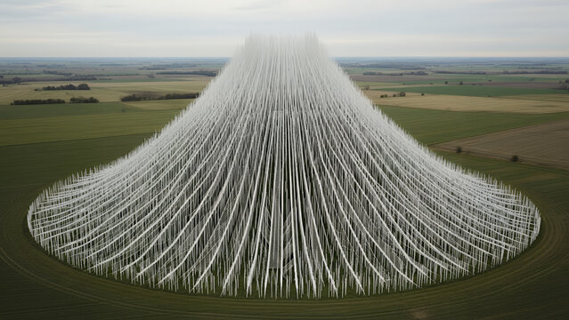 Aerial view of large white ribbon sculpture in green field landscape