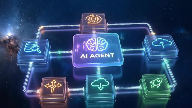 Abstract Digital Network Diagram With AI Brain Central Hub Connecting Cloud Storage Data Search Rocket Launch And Decision Tree Icons In Neon Blue