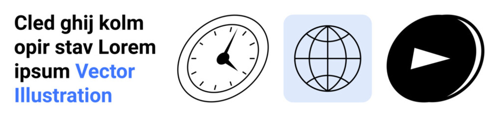 Obraz premium Time management, global communication, multimedia, digital systems, technology, productivity. A clock, globe and play button icon in minimalistic style. Time management and global communication
