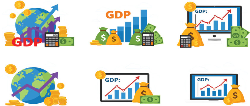Global GDP economic growth concept with world globe financial charts money bags and bar graphs for  market analysis vectors.