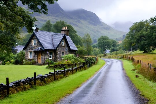 Glencoe cottage in Scottish Highlands with misty mountains
