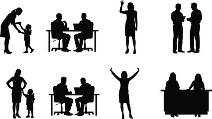 Human interaction silhouette illustration set, social and professional activities including family, workplace, greetings and celebrations theme - flat vector illustration © TOMSINA