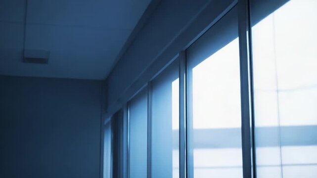 Modern architecture featuring a glass facade with window reflections creating an abstract pattern and blue tint, suitable for corporate and minimalist themes