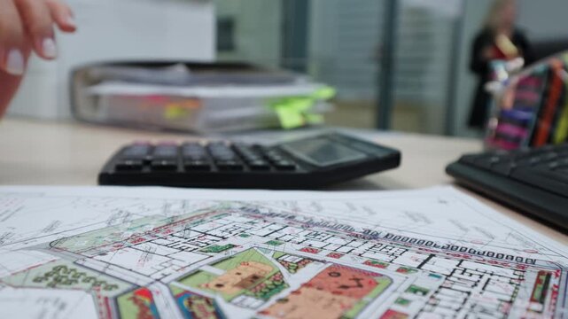 Woman performs calculations on calculator near printed diagram. Analytical process combines numeric evaluation and visual planning