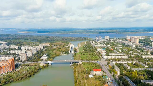 Volgograd, Russia. Krasnoarmeisky district. Volga-Don Canal. Drone footage, Departure of the camera