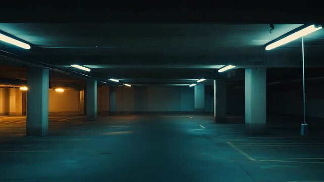 Empty basement parking garage interior illuminated by contrasting neon blue and warm orange fluorescent lights, creating an urban, moody atmosphere with concrete pillars and painted parking spaces