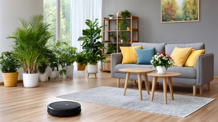 Robot vacuum cleaner working in modern living room and house plants