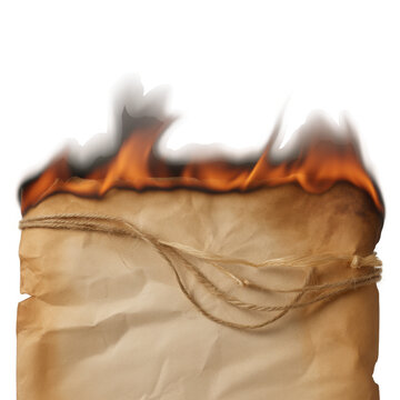 Top edge of paper burning with flames and ash, isolated on white. Crumpled texture with hints of string embedded.[Transparent Background PNG] 