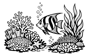 Fototapeta premium Hand drawn line art illustration of a tropical fish depicting an underwater coral reef scene for marine life education