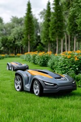 Robotic lawn mowers cutting grass in a modern park