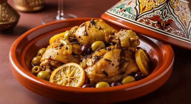 Traditional Moroccan chicken tagine with olives and preserved lemons
