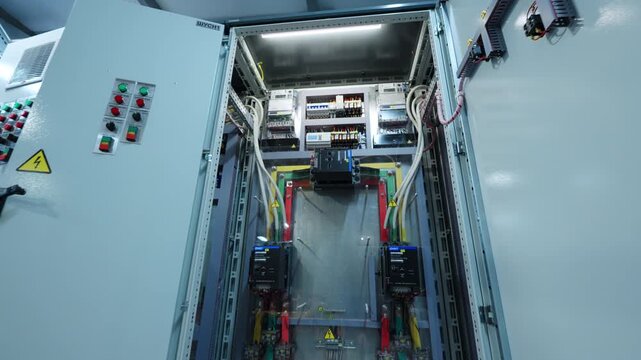 Electrical control panel filled with arranged breakers along with automation devices. Wires and switches show precise organization