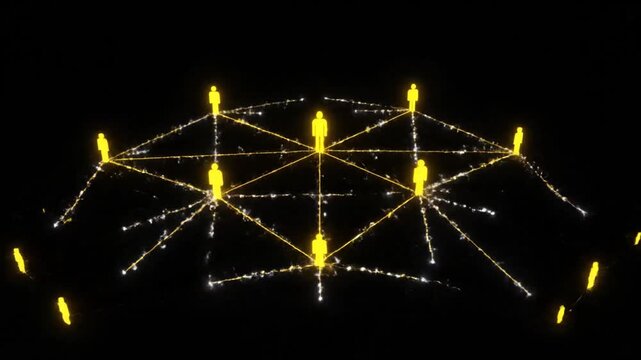Network of interconnected nodes and lines forming a complex web-like structure with glowing yellow lights