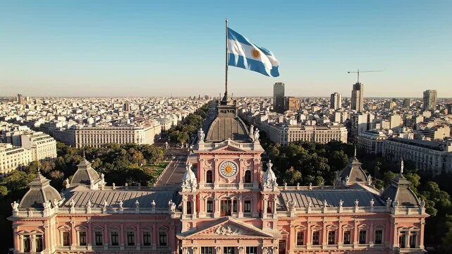 Aerial view of the National Congress Building in Buenos Aires with the Argentine flag waving