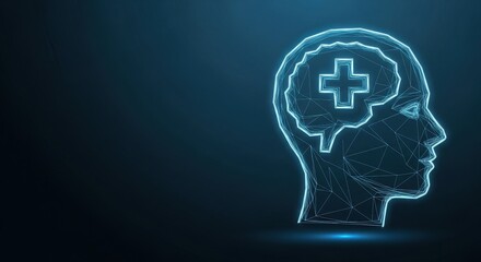 Obraz premium Digital Brain Outline with Medical Cross Symbol Representing Mental Health and Futuristic Therapy