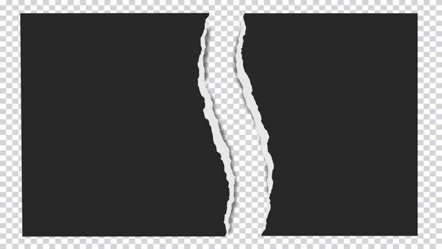 Black paper with vertical rip and white torn edges. Modern cutout reveal vector  background