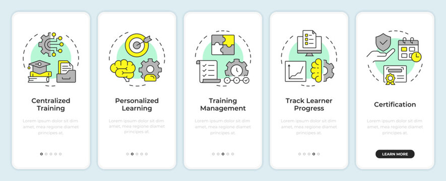 Five key components of lms onboarding mobile app screen. Walkthrough 5 steps editable graphic instructions with linear concepts. UI, UX, GUI. Montserrat SemiBold, Regular fonts used
