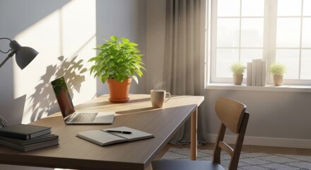Obraz premium A well-lit, minimalist home office with natural light streaming through a window, featuring a wooden desk, a potted plant, books, a laptop, and a mug.