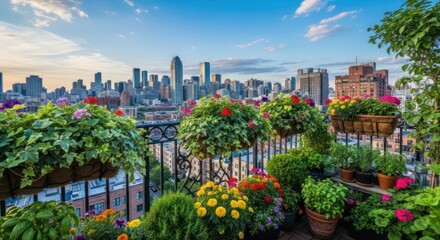 Fototapeta premium A vibrant cityscape viewed from a balcony adorned with blooming flowers and lush greenery.