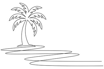 Minimal Palm Tree One Line Art Long Water Reflection Tropical Nature Vector © Sopon