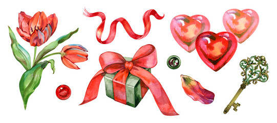 Romantic watercolor collection featuring heart-shaped balloons, a gift box with a red silk ribbon, and a lush tulip bouquet. This hand-painted set is perfect for Valentine's Day and anniversary