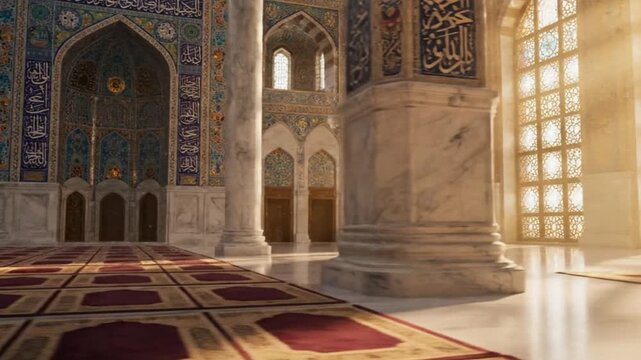 Sunlight rays piercing ornate stained glass windows into vast and opulent mosque interior with intricate islamic geometric patterns and calligraphy on walls and marble pillars creating majestic and sa